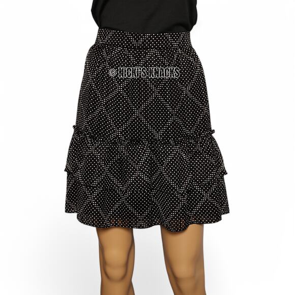 J Crew Tiered Ruffle Mini Skirt Black Gold Metallic Dot Pull On Style Size S - Picture 2 of 9